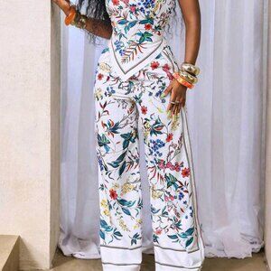 Beach Vacation Suspenders,Floral Printed Asymmetric Hem Ultra-Cut Top, Wide-Legg